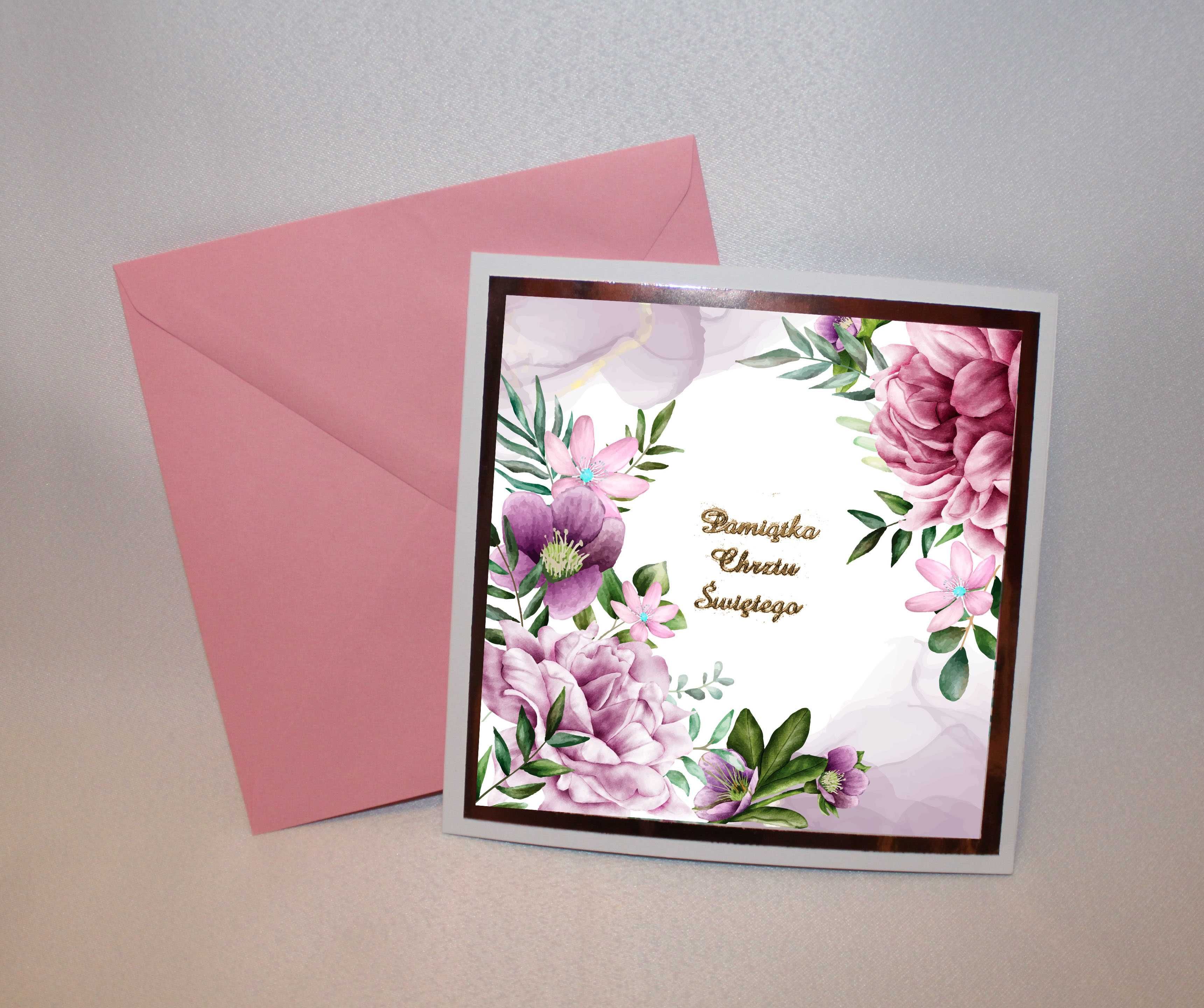 Kartka fioletowe kwiaty i różowe złoto / ślub chrzest komunia urodziny