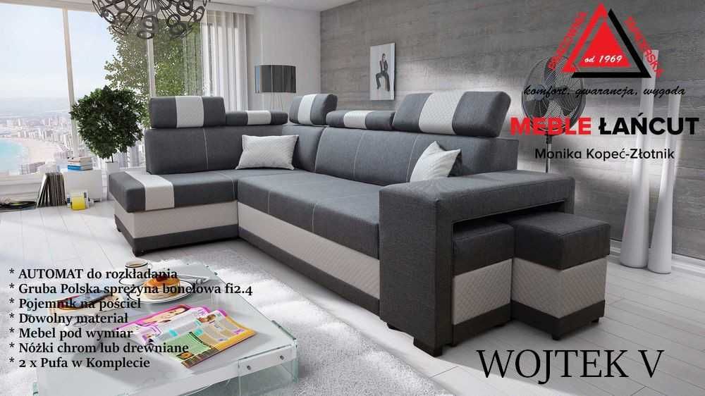 Nowy Sofa Narożnik Wojtek ,Sprężyny Bonell, Duży schowek, Pod wymiar