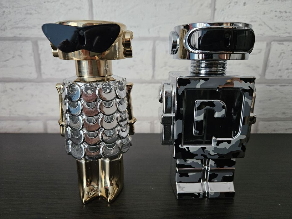 Opakowania od perfum : robot Rabanne , szpilka Good Girl , motor rower