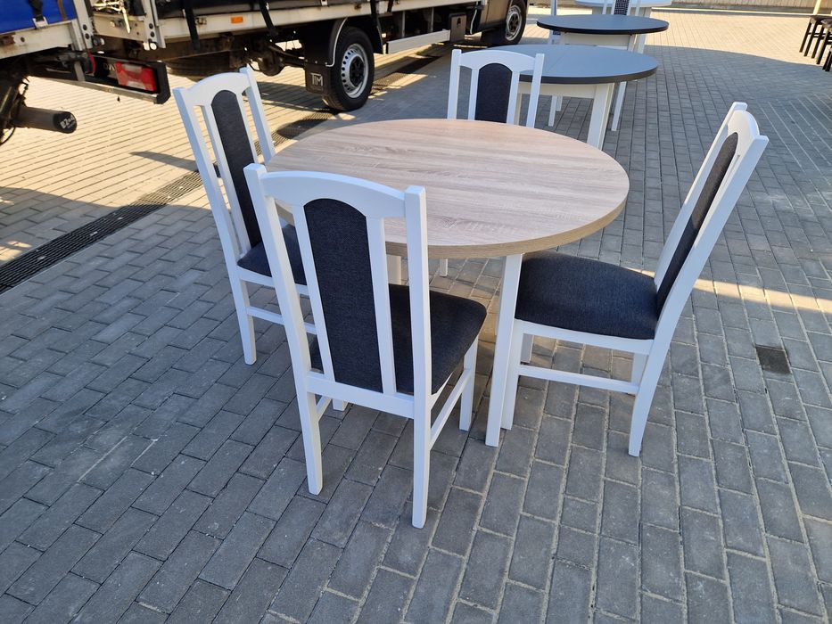 Nowe: Stół okrągły + 4 krzesła, biały/sonoma + grafit, dostawa PL