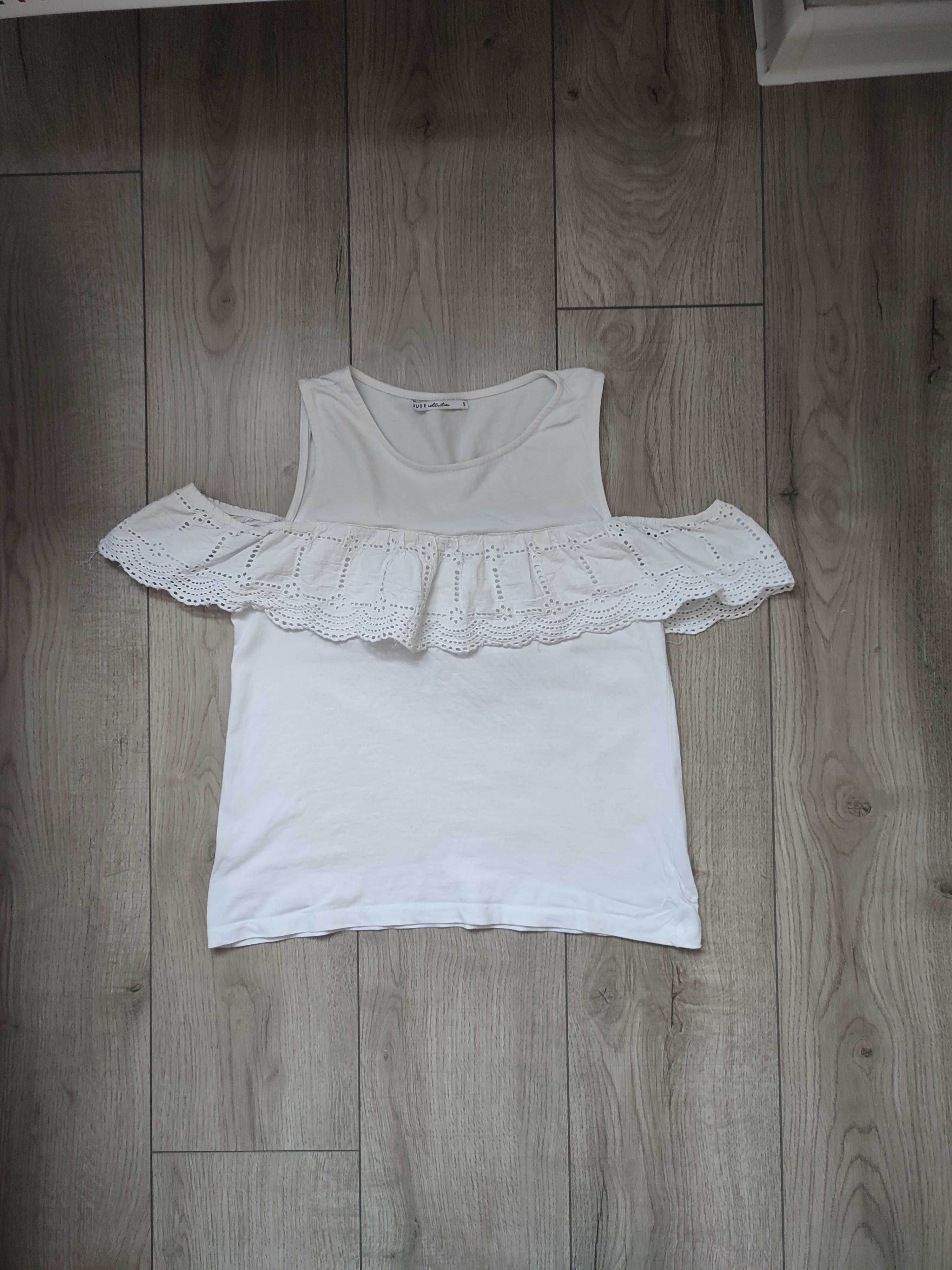 Biała bluzka t-shirt odkryte ramiona ażurkowa house s