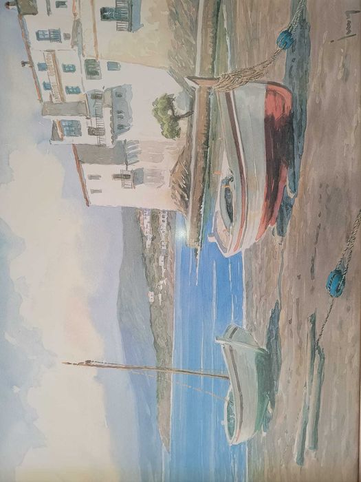 Quadro costa e barcos c/moldura de madeira