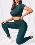 Nowy komplet siłownia top legginsy S M L zielony butelkowy