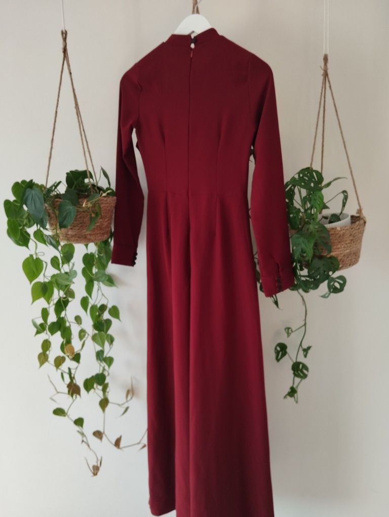 Kombinezon wieczorowy, elegancki, z szerokimi nogawkami, burgundowy, b