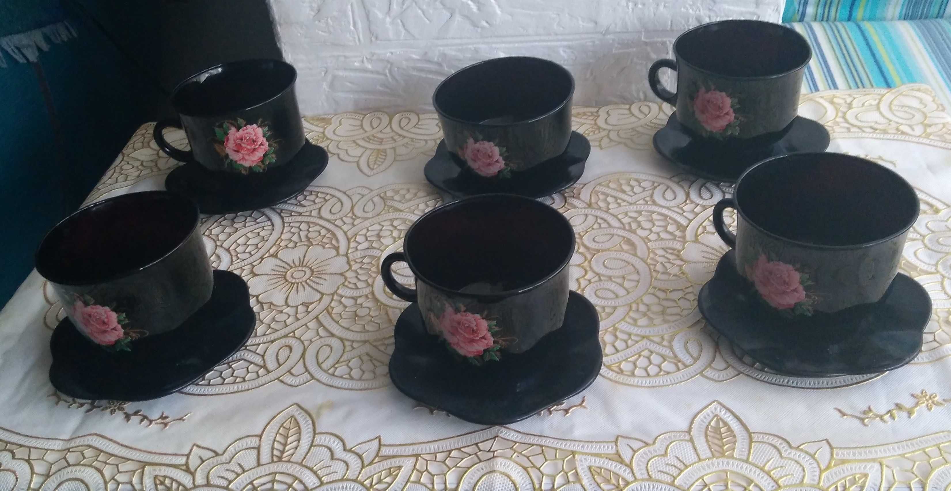 Сервиз набор чайный кофейный 5 персон черный с розой