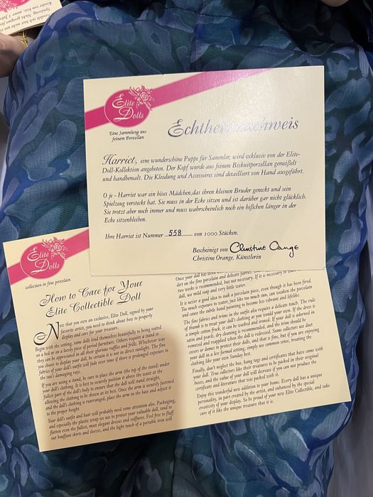 Lalka porcelanowa Orange Hariet 93 cm certyfikat.