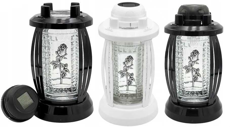 3 Duże znicze Solarne Lampiony 'Srebrna Róża', Lampy na Cmentarz 24cm