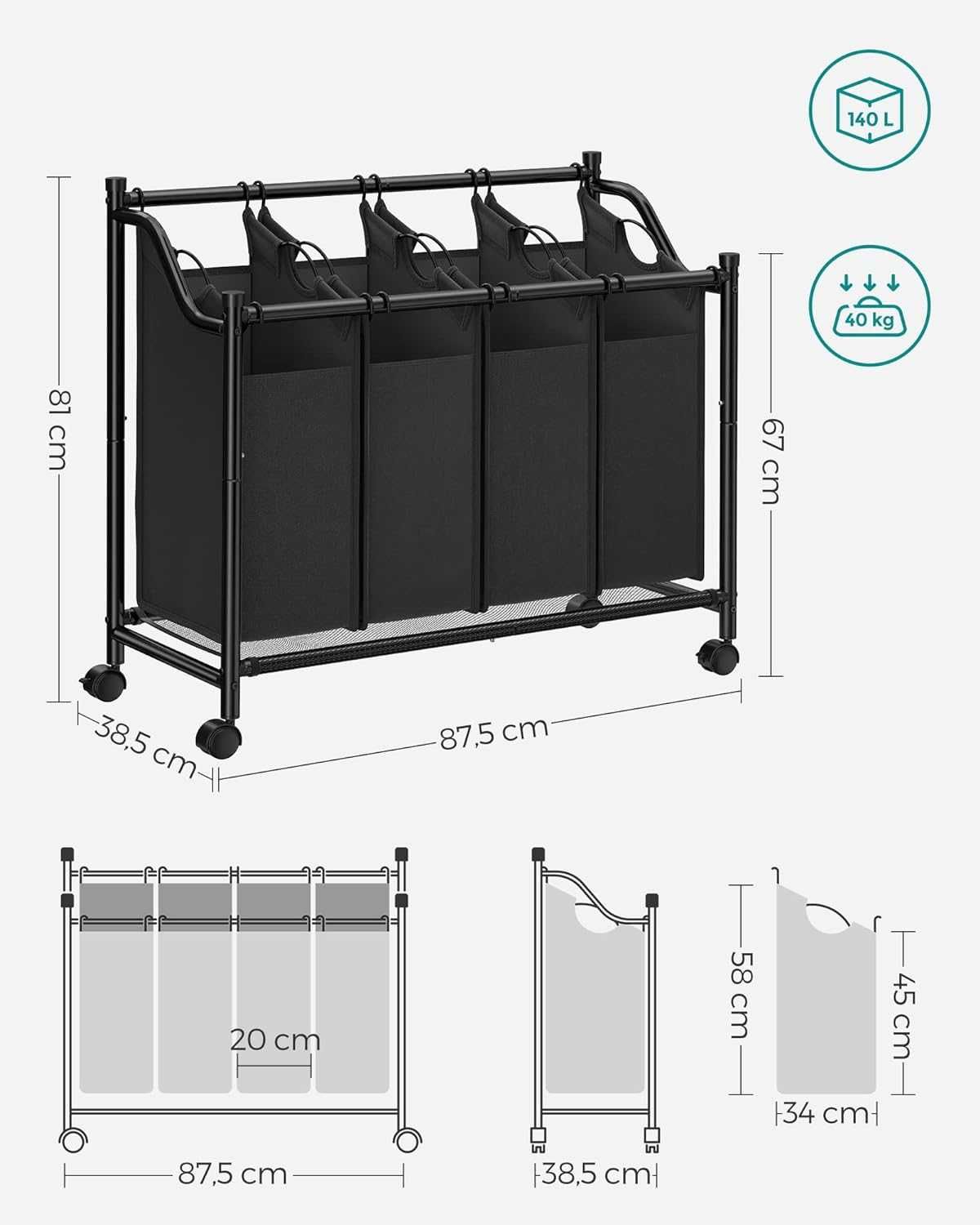 LSF005 Kosz wolnostojący 4 x 35 L na Bieliznę Pranie Songmics czarny