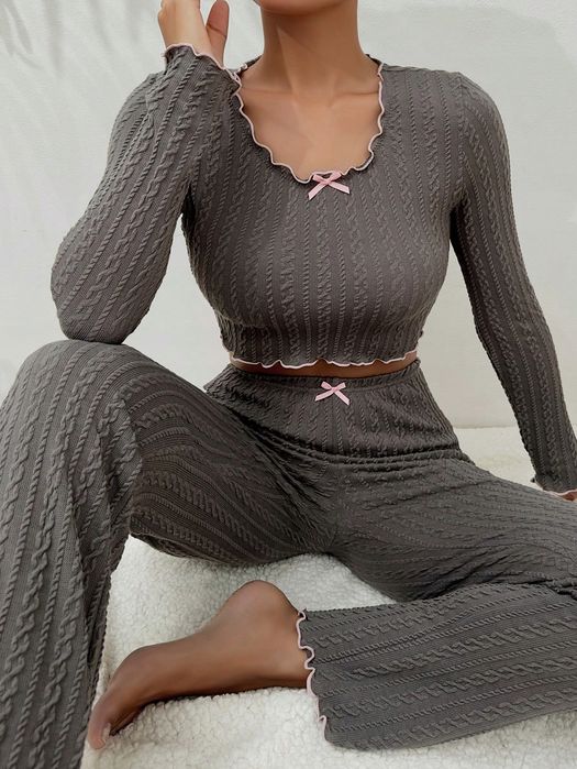 Piżama Komplet Domowy Teksturowany Szary Bluzka + Spodnie Shein L 40