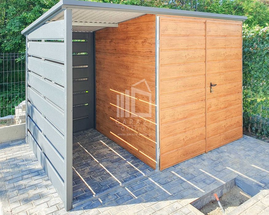 Schowek Domek Ogrodowy 2X2 + Wiata 1,2M Brama Drewnopodobny Dach Id647