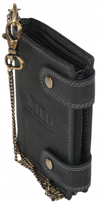 atrakcyjny, skórzany portfel męski z mosiężnym łańcuchem - always wild