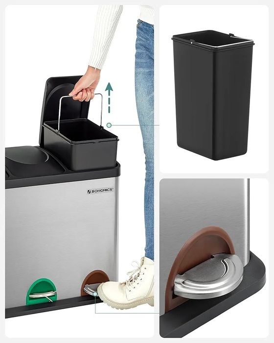 Kosz na Śmieci do Segregacji SONGMICS 45L (3x15L) - Stal Nierdzewna, P