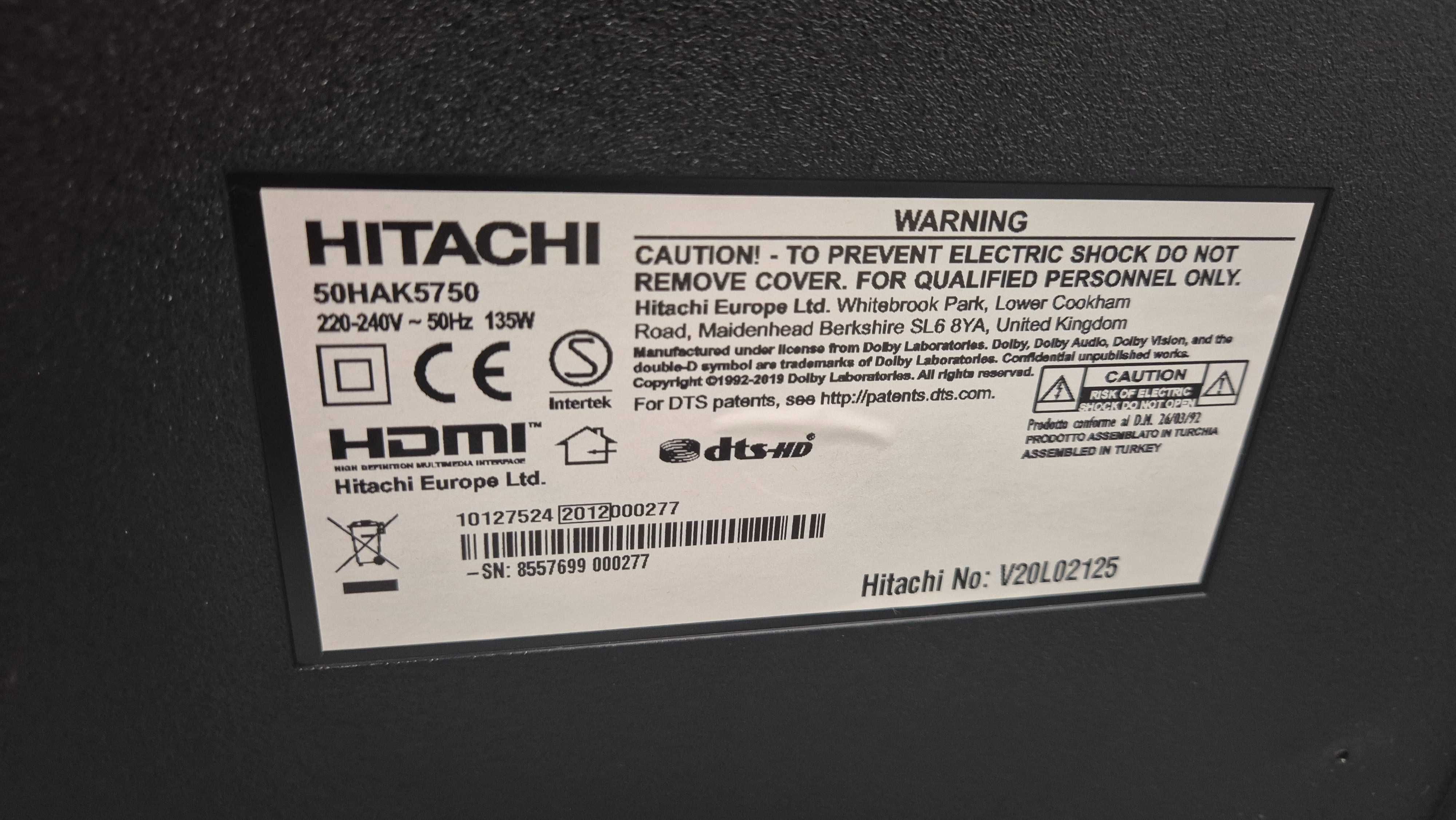 Telewizor Hitachi 50" uszkodzony, paski na ekranie, model 50HAK5750