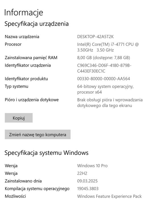 Komputer I7 4771  3900 ghz 4 rdzenie ,8 wątków 8 gb ram, 250 gb ssd