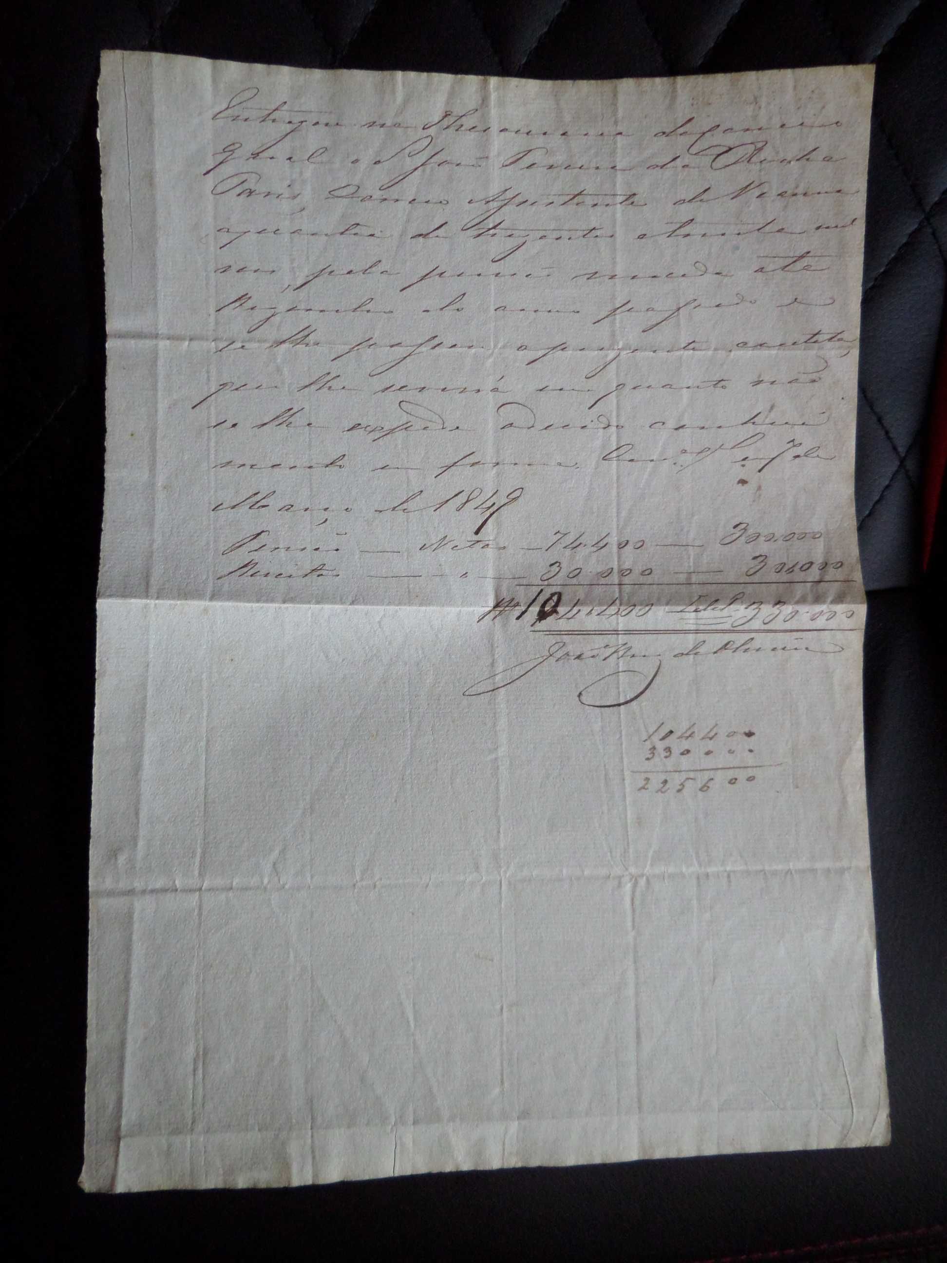 Documento / Recibo  manuscrito , ano  1849