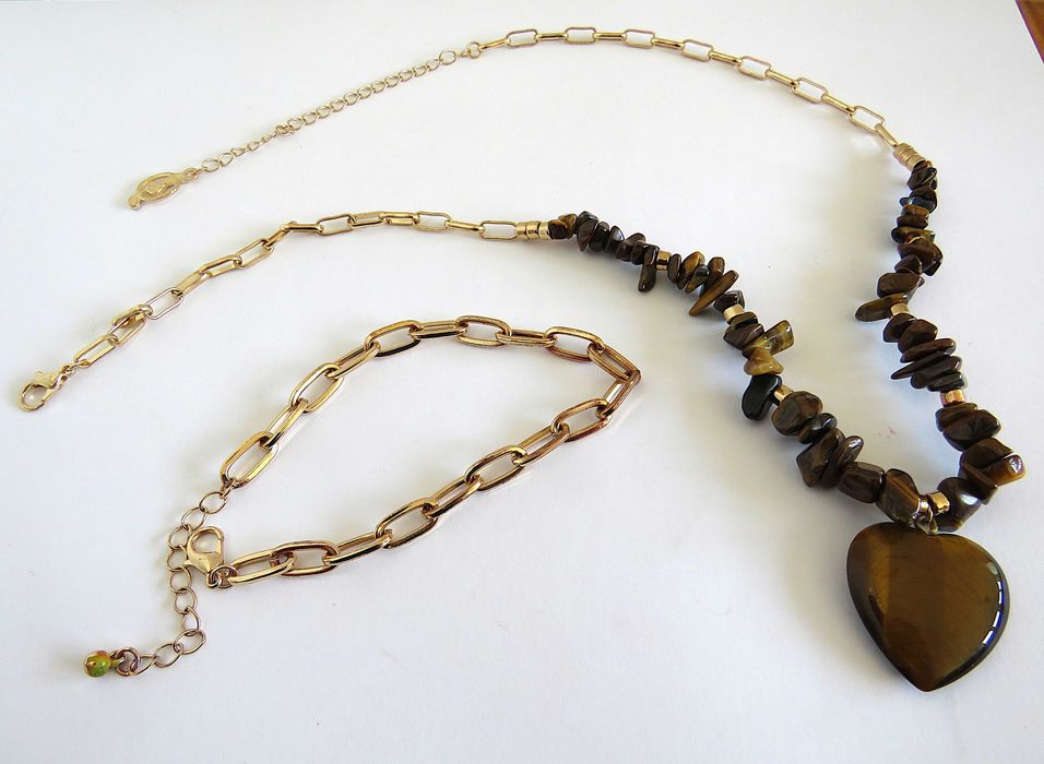 Naszyjnik serce :kamień naturalny TYGRYSIE OKO + bransoletka