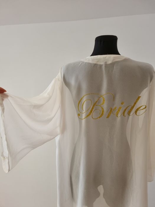 Okrycie szlafrok panna młoda bride wesele ślub złoty napis