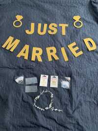 Just Married napis, podwiązka, ozdoba do włosów, naklejki, ślub wesele