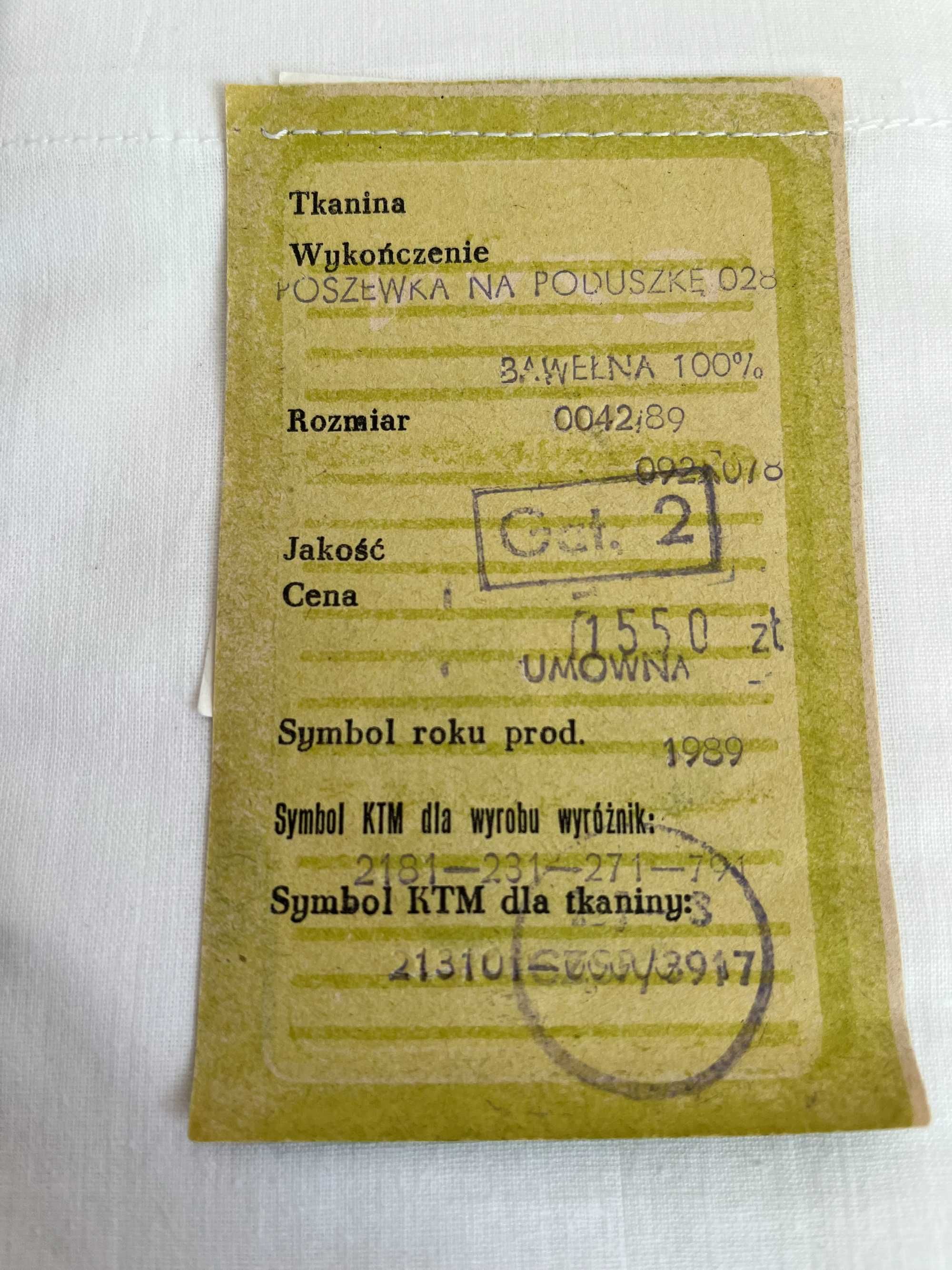 Biała poszewka na poduszkę PRL 100% bawełna 75x95 cm z metką 1989r.