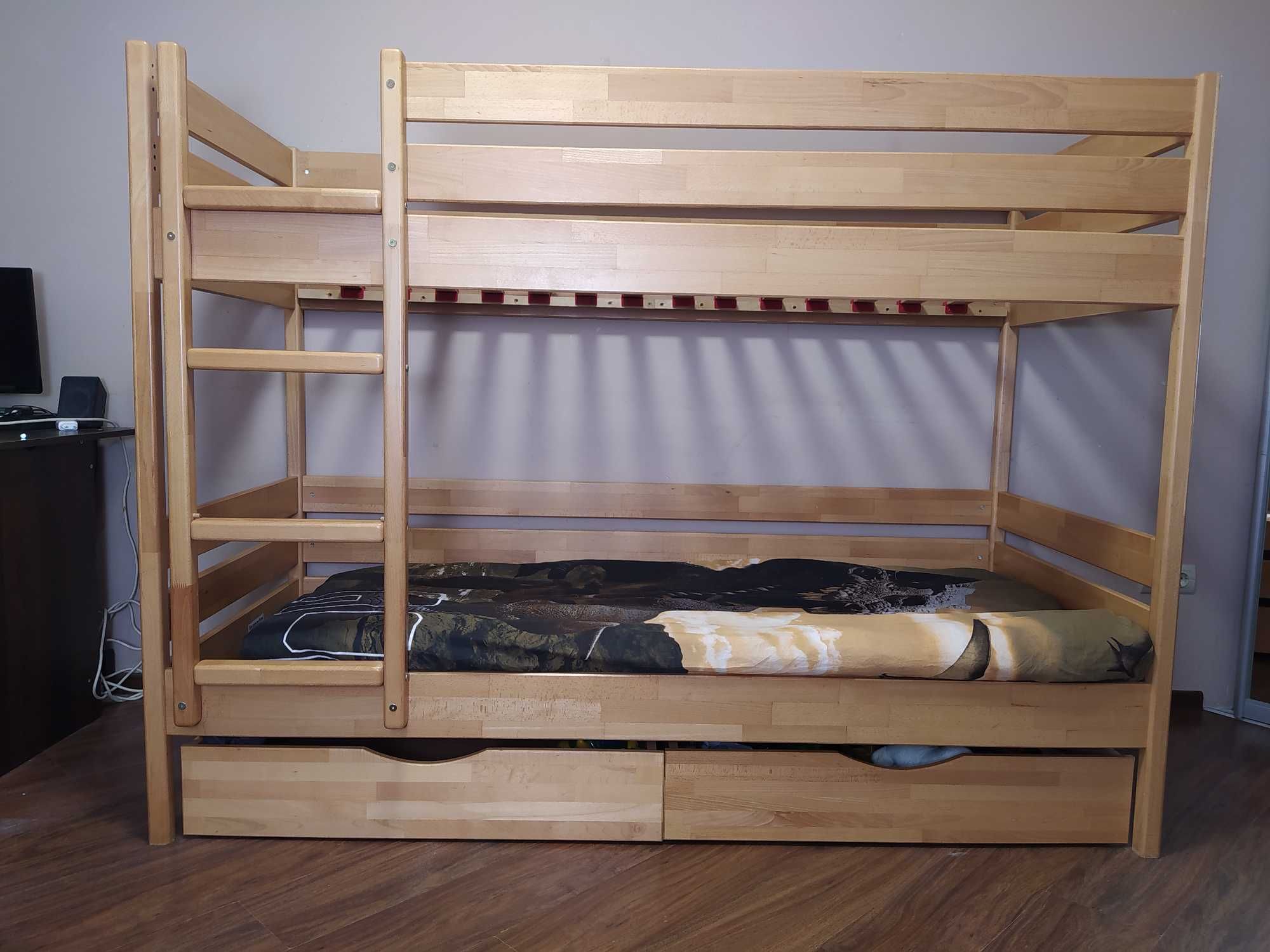 Деревʼяне ліжко двоярусене 80х190 см, бук з ящиками
