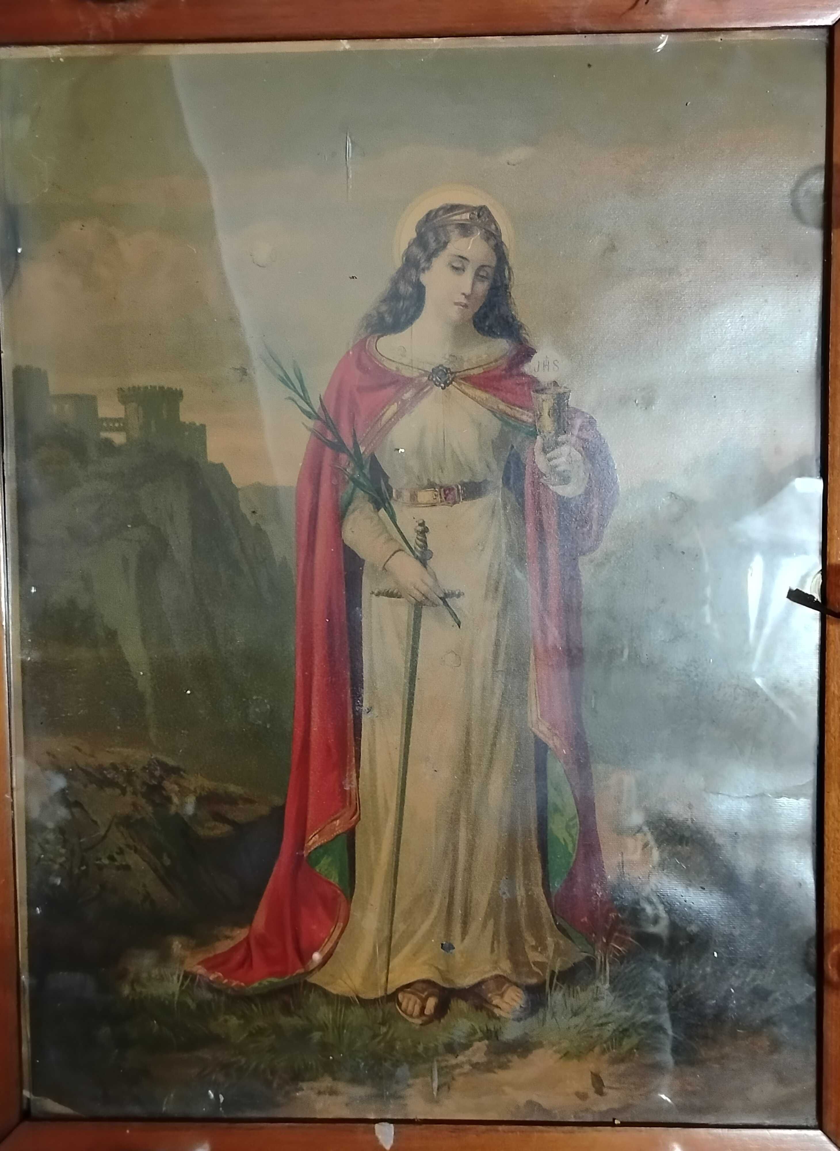 Święta Barbara stary obraz z żarówkami oleodruk