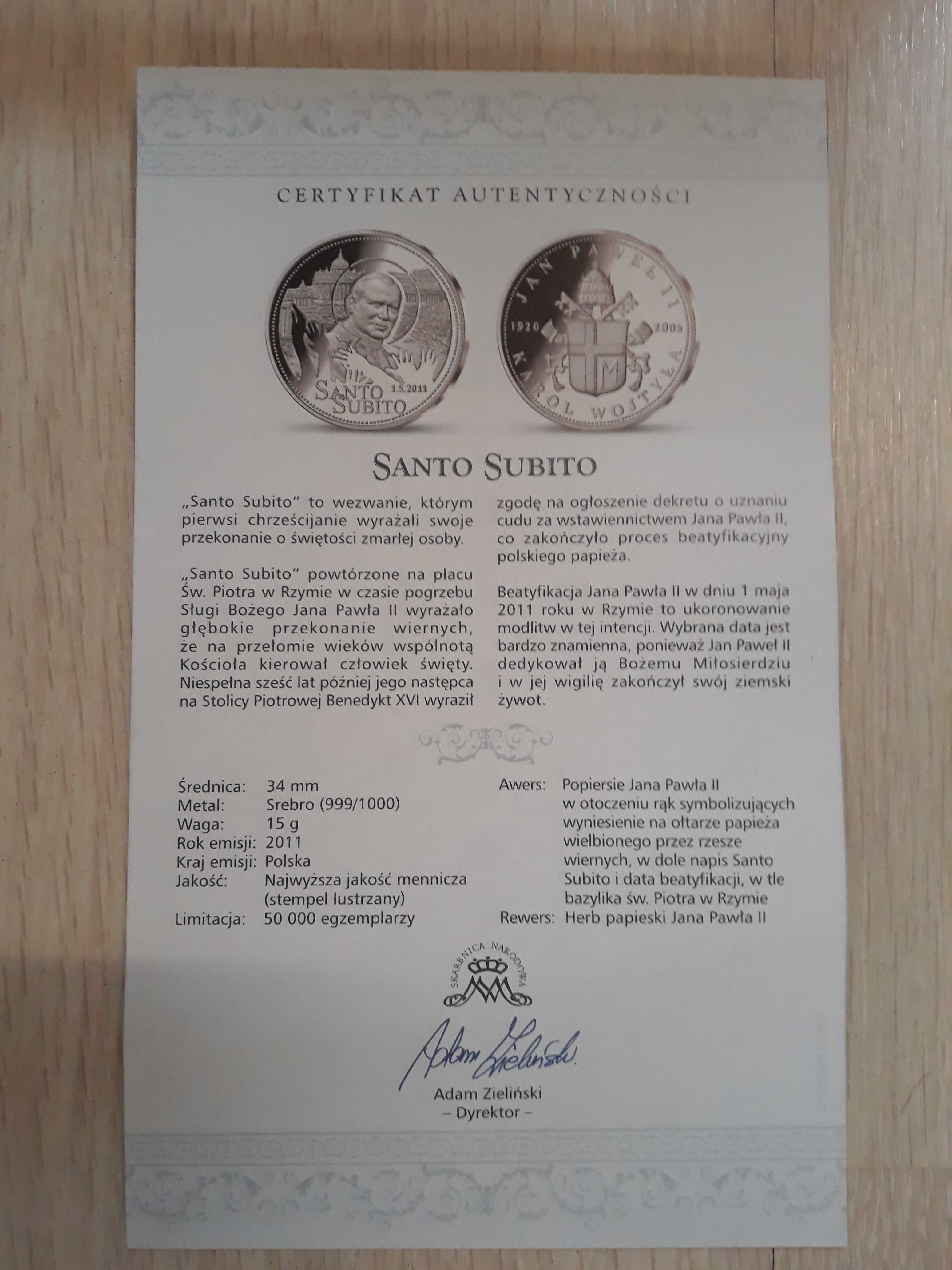 Srebrny medal z Papieżem Santo Subito