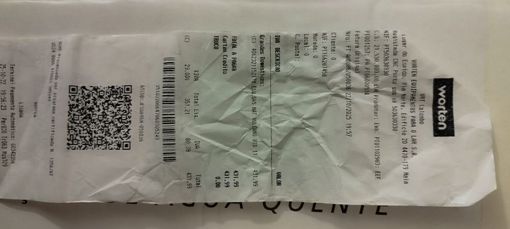 Esquentador VULCANO 11L - Gás Natural
Comprado do dia 25/10/2025
 E