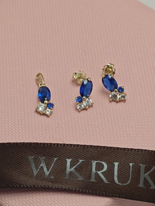 Komplet biżuterii W.Kruk złoto 375 z niebieskimi cyrkoniami