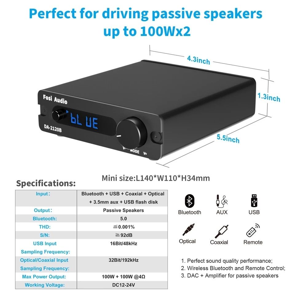 100W x2 wzmacniacz HiFi - Fosi Audio BT 5.0 Amp DA2120B