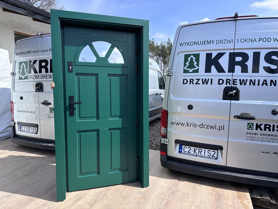 Drzwi wejściowe zewnętrzne drewniane zielone Na Wymiar Montaż Polska