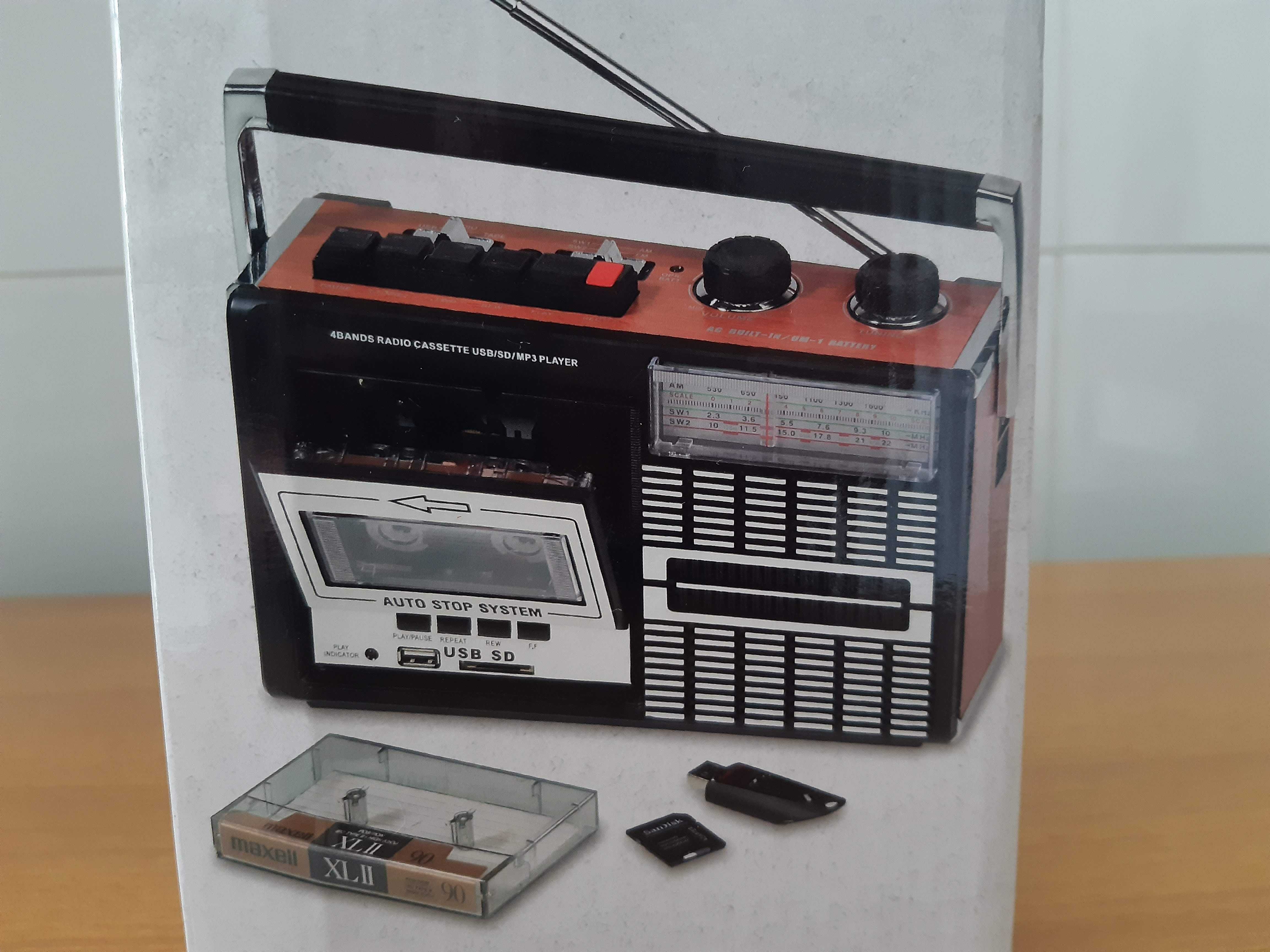 Rádio leitor de cassetes estilo vintage NOVO
