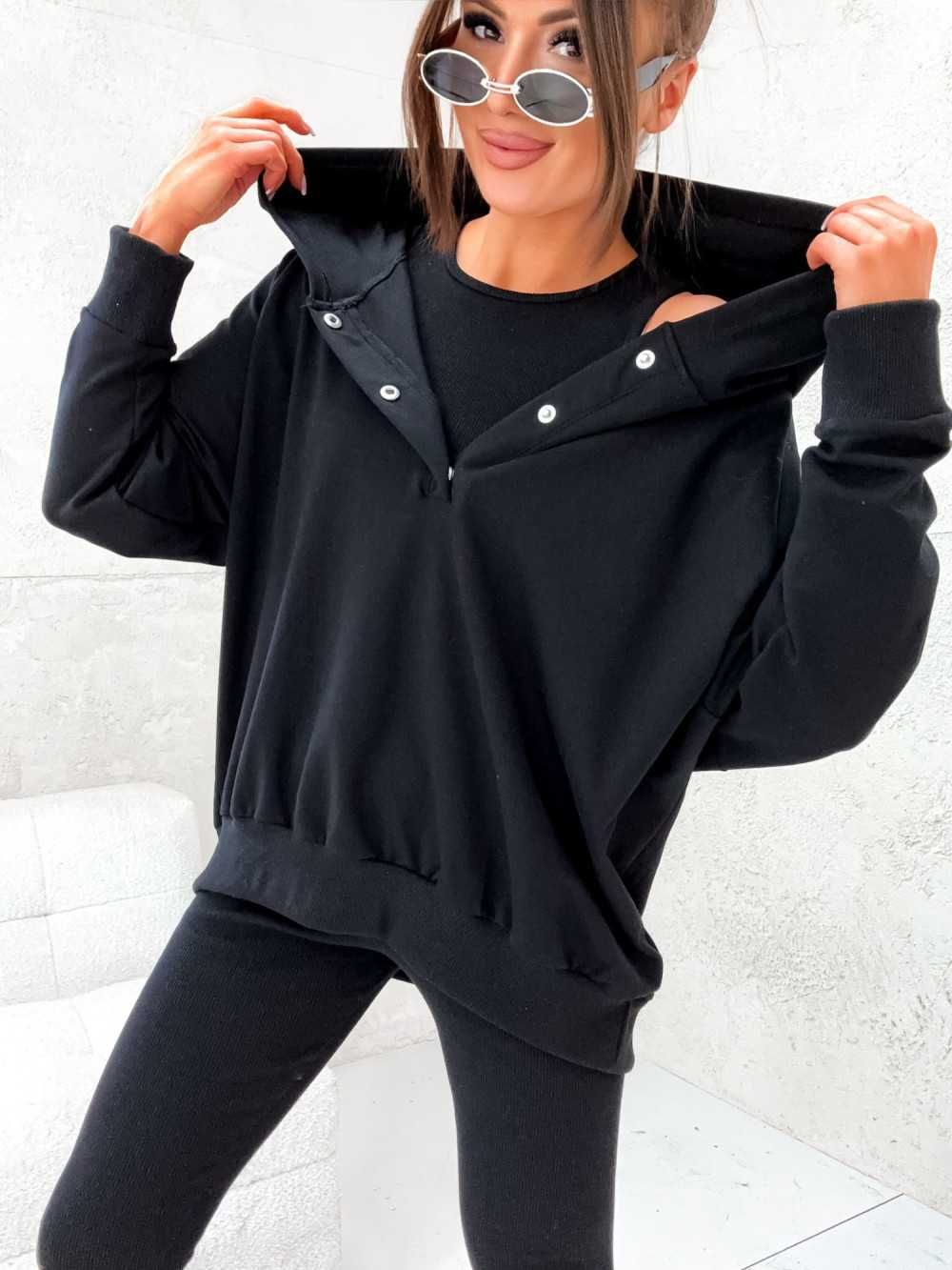 Komplet 3 częściowy dresowy damski czarny legginsy + bluza + top UNI