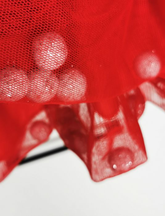 Sukienka świąteczna 92, czerwona, bałwan, pompony, tiulowa