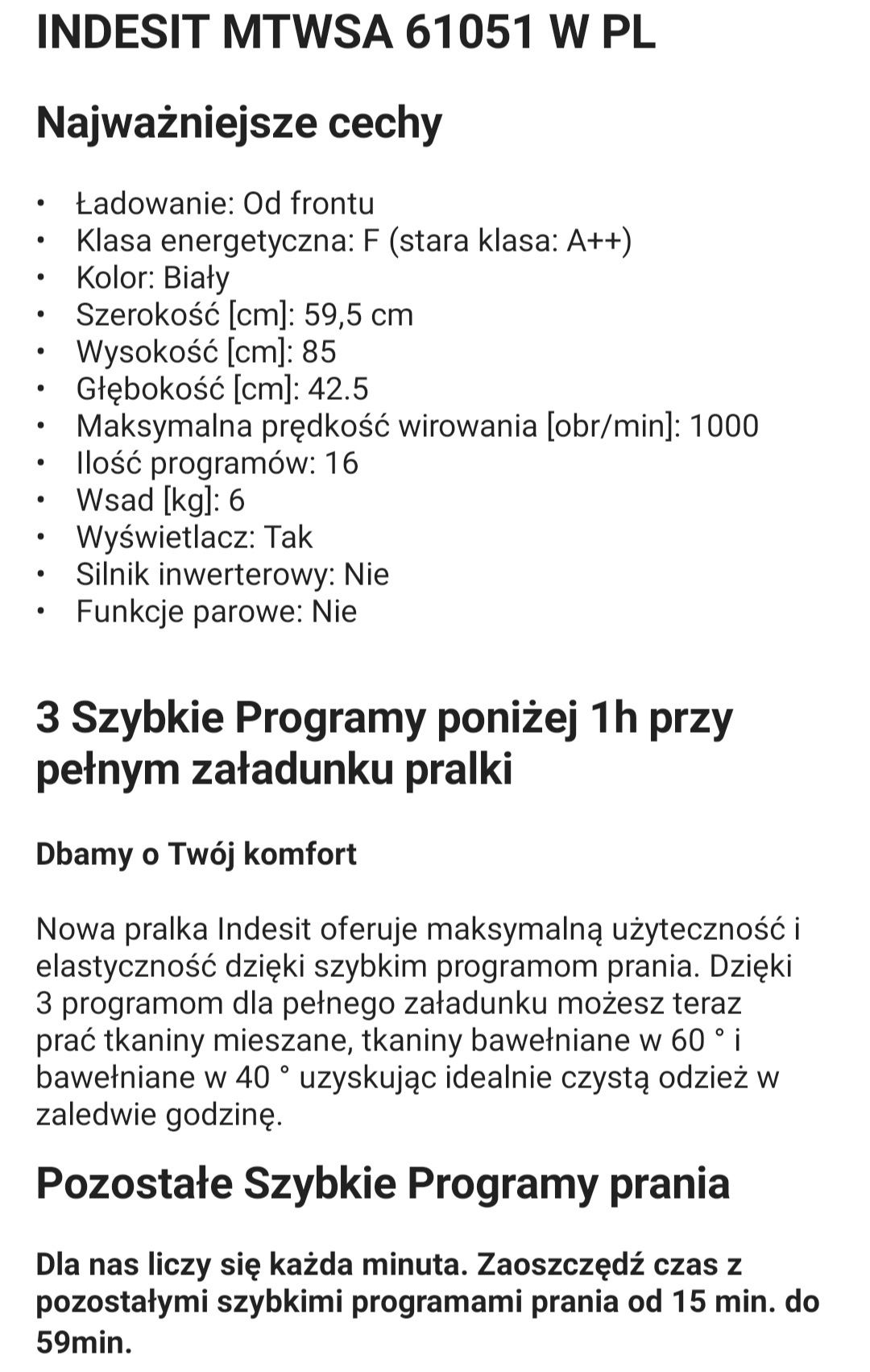 Pralka wolnostojąca Indesit MTWSA 61051 W PL