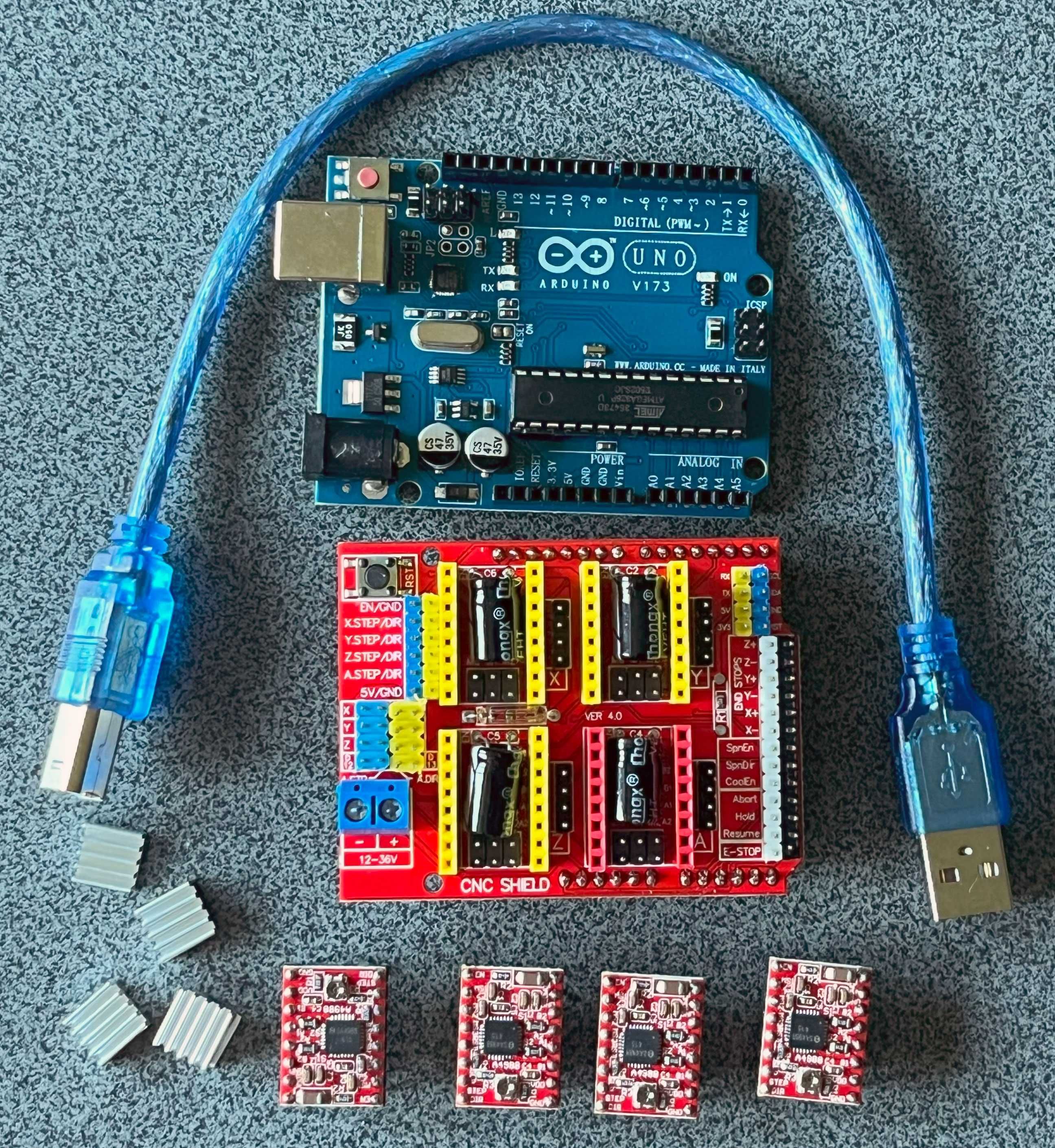 CNC Shield V3 + Arduino UNO R3 + 4 x A4988 + radiatory + GRBL