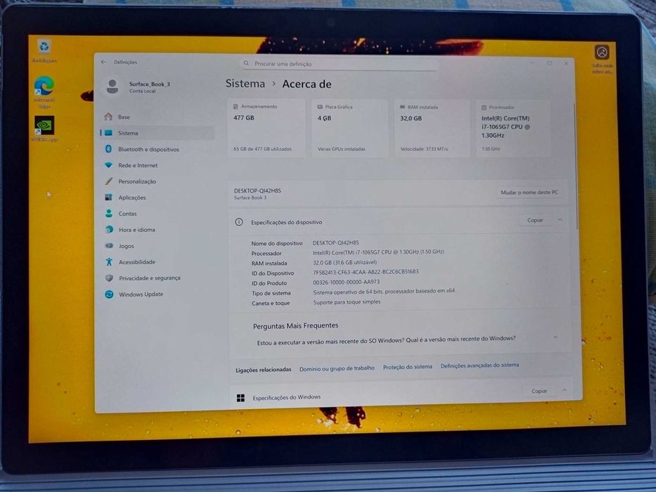Surface Book 3 I7 32GB RAM 512GB Português Gráfica 1650 como Novo