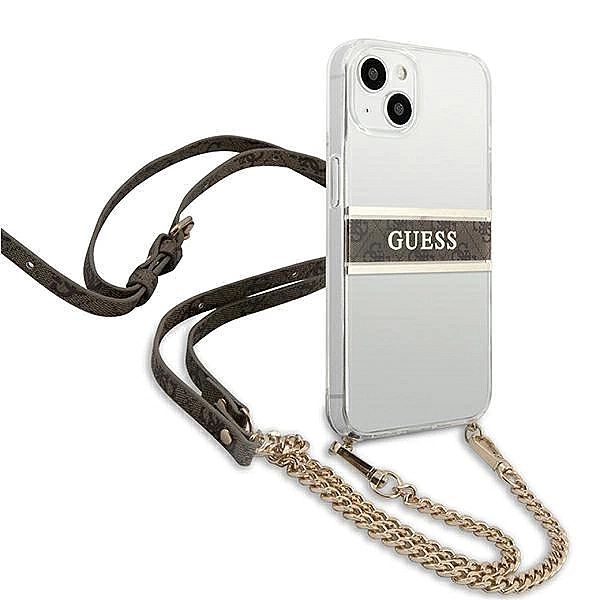 Etui Guess 4G Brown Strap Gold Chain na iPhone 13 mini - przezroczyste