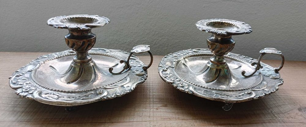 Antigo par palmatórias castiçais prata portuguesa javali