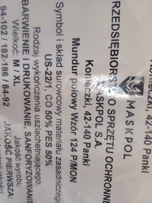 Mundur Wojskowy Polowy wz. 124 P/MON - rozmiar M/XL - Nowy!