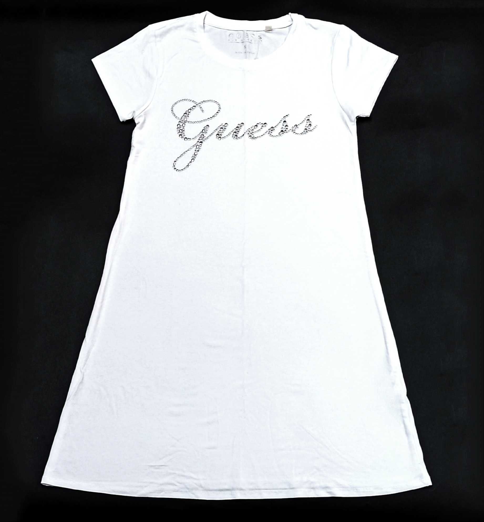 GUESS Sukienka Koszulka T-Shirt Biala Logo Srebrne Diamenciki Stretch