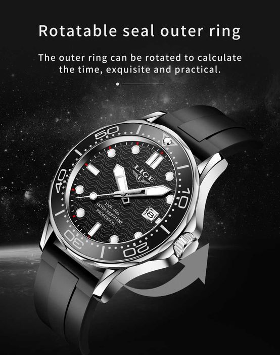 Zegarek męski Lige czarna tarcza wygląd nurka na pasku silikonowym BOX