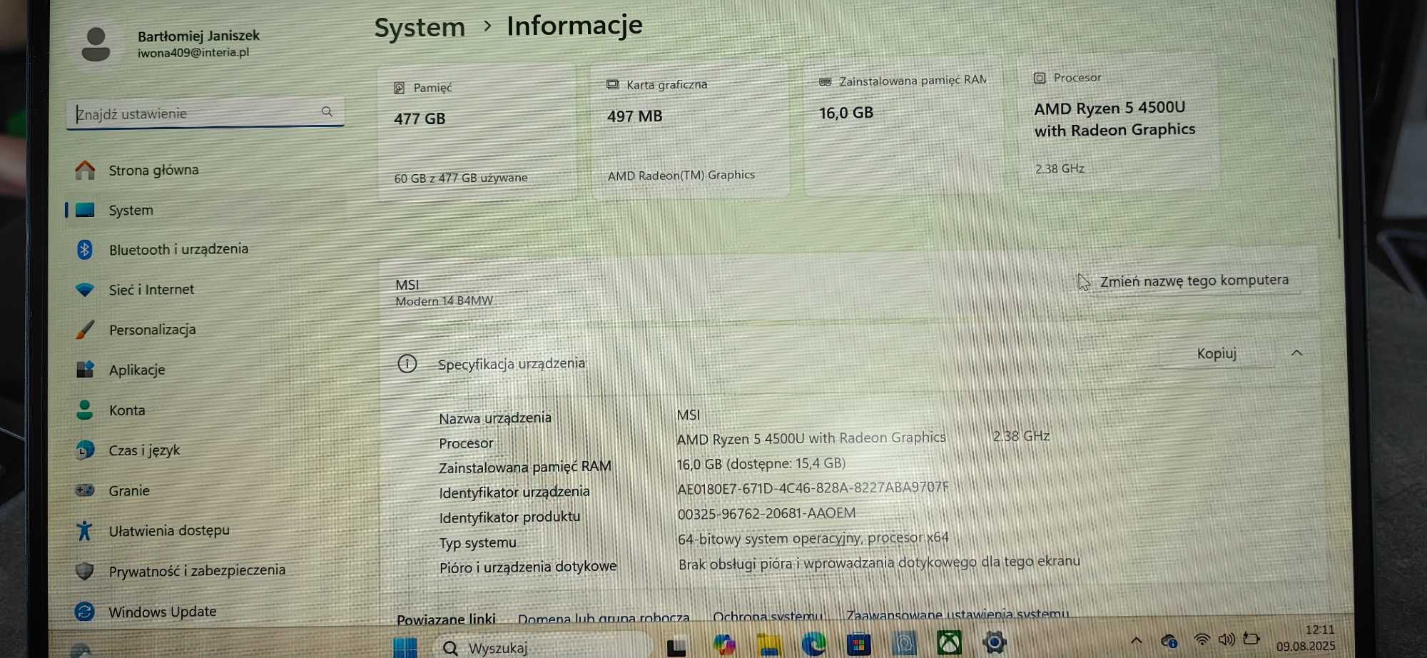Laptop MSI Modern 14 B4MW-402PL R5 4500U/16/512GB stan db
