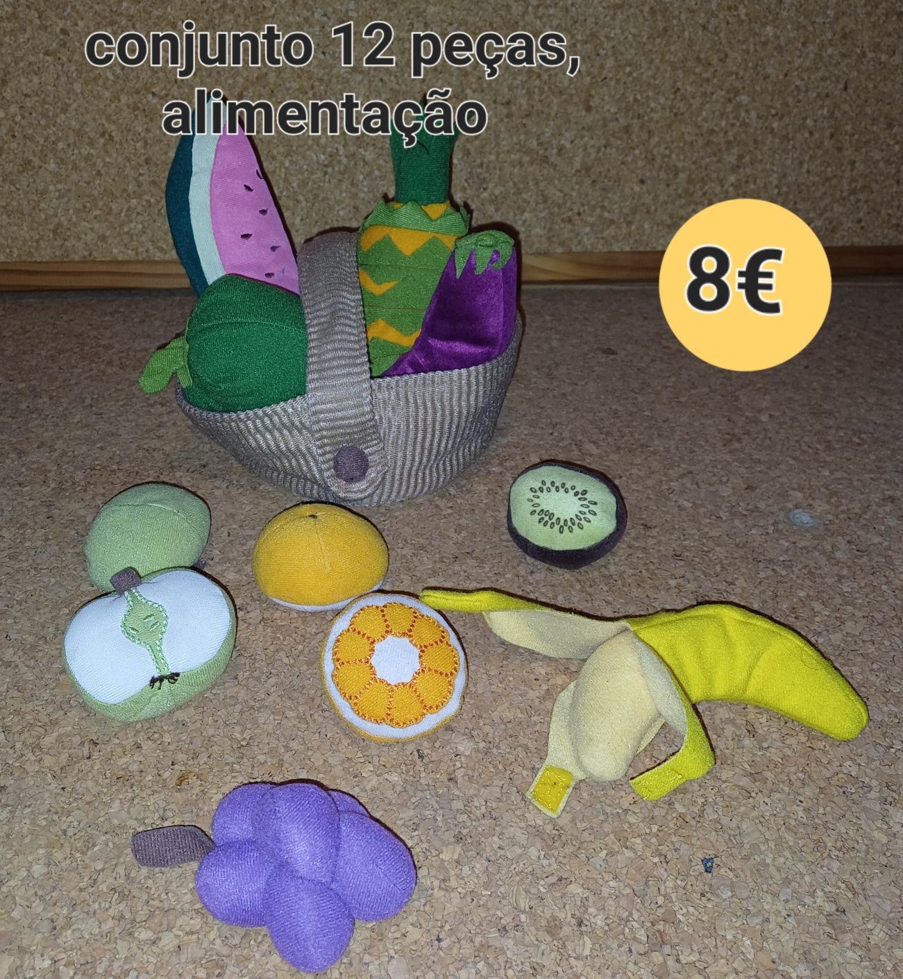 Conjunto de alimentos, criança, brinquedos, plástico, tecido, madeira