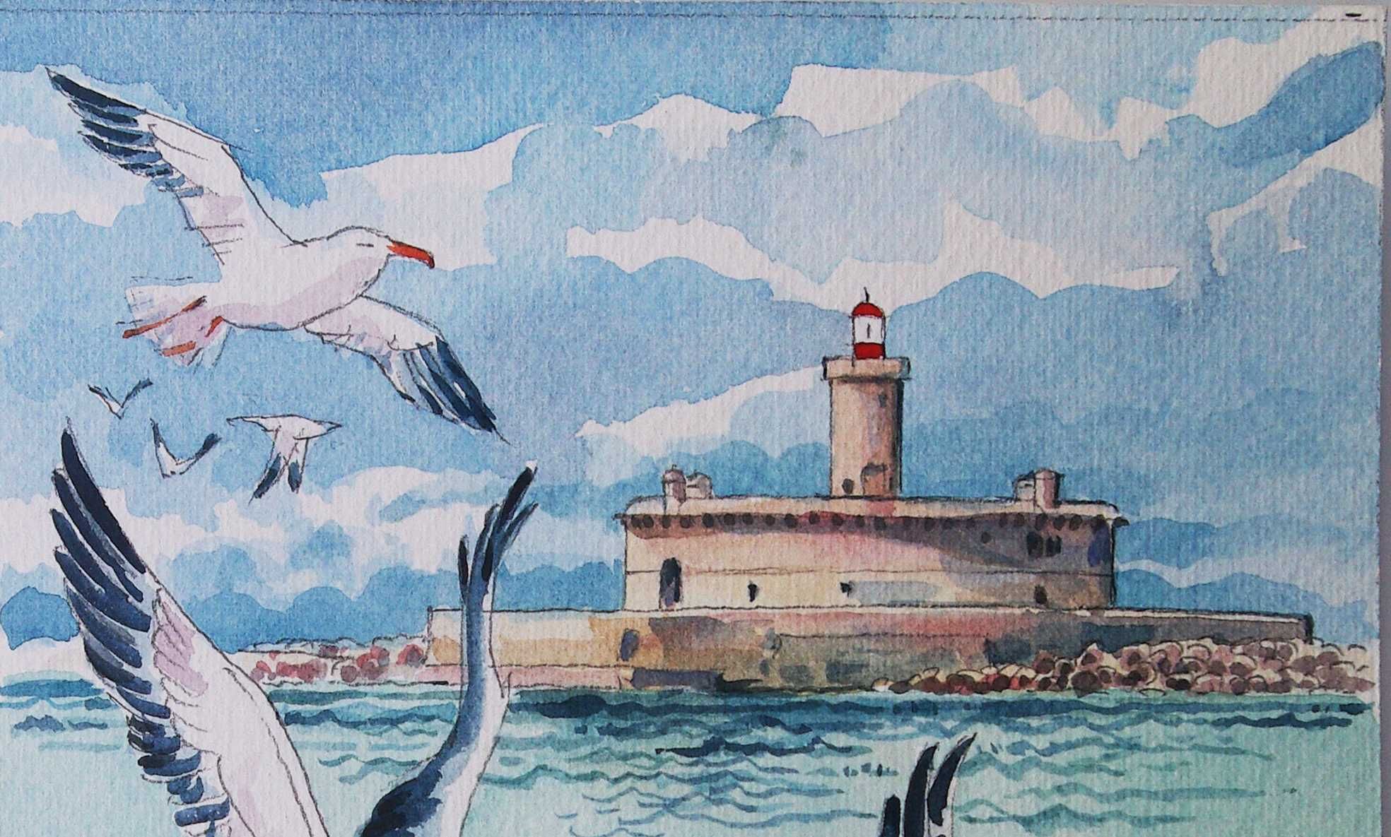 Farol do Bugio com gaivotas. Aguarela original de Carlos Marques.