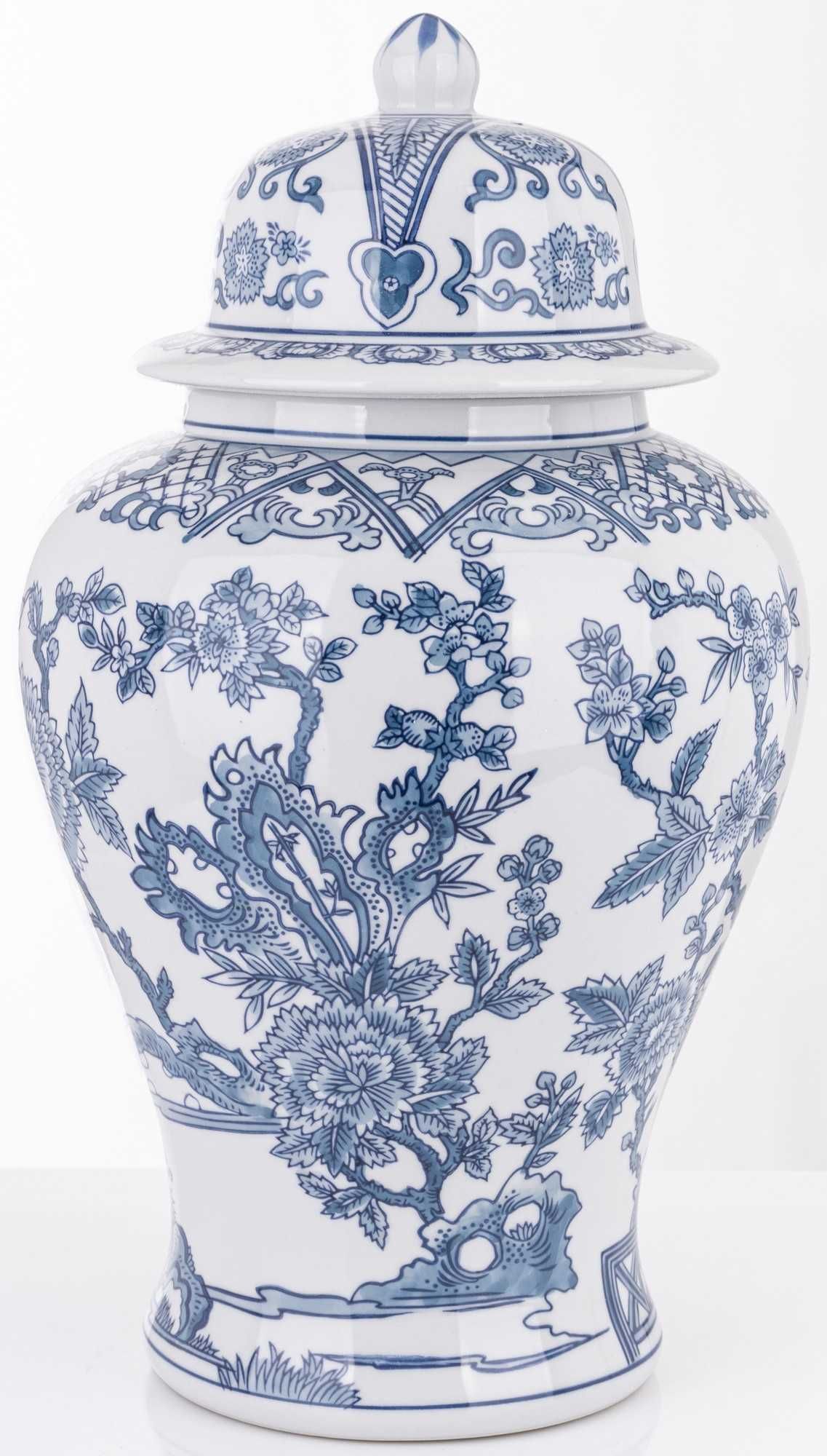Wysoki biały niebieski pojemnik ceramiczna amfora z przykrywką 166472