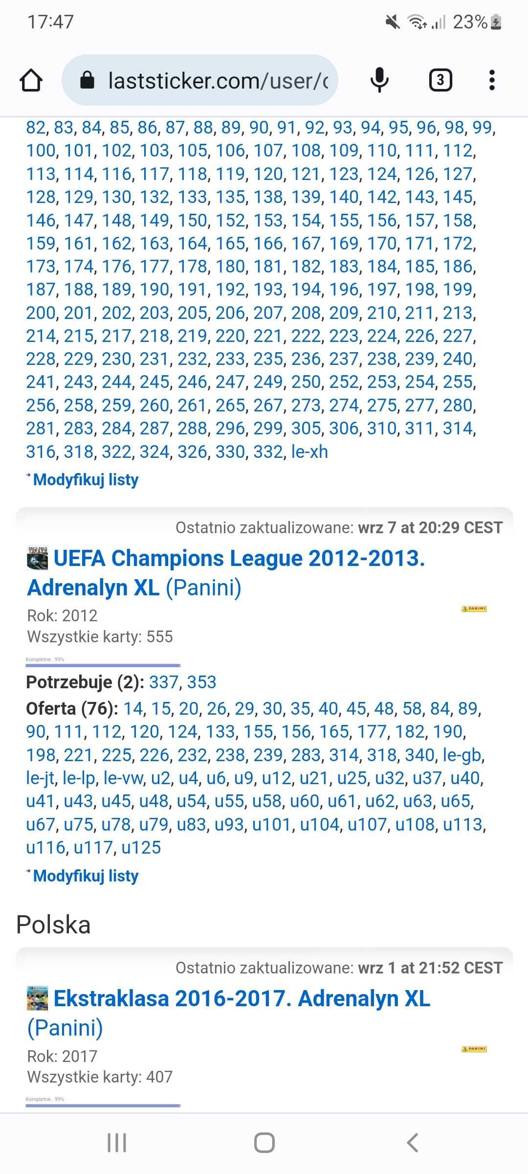 Zestaw kart champions league 12/13 uptade