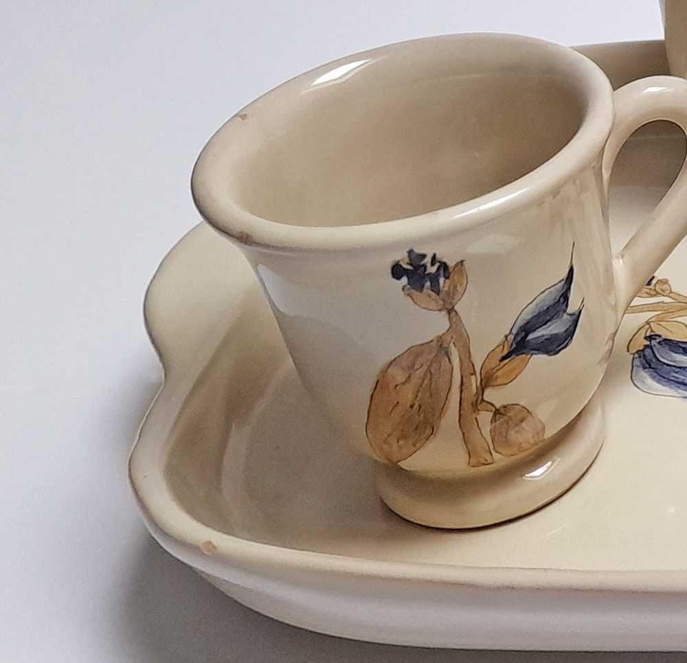 Antigo Serviço 2 Chávenas Café Bandeja Bule Flor Pintado à Mão