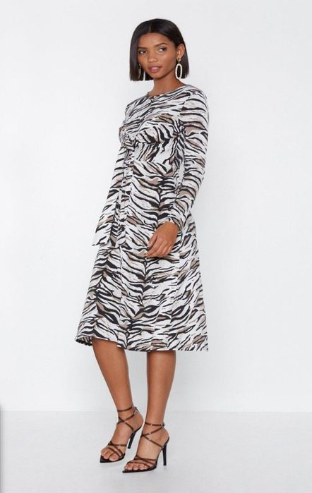 Nasty Gal extra midi Sukienka zwierzęcy wzór zebra roz. 36 _ S