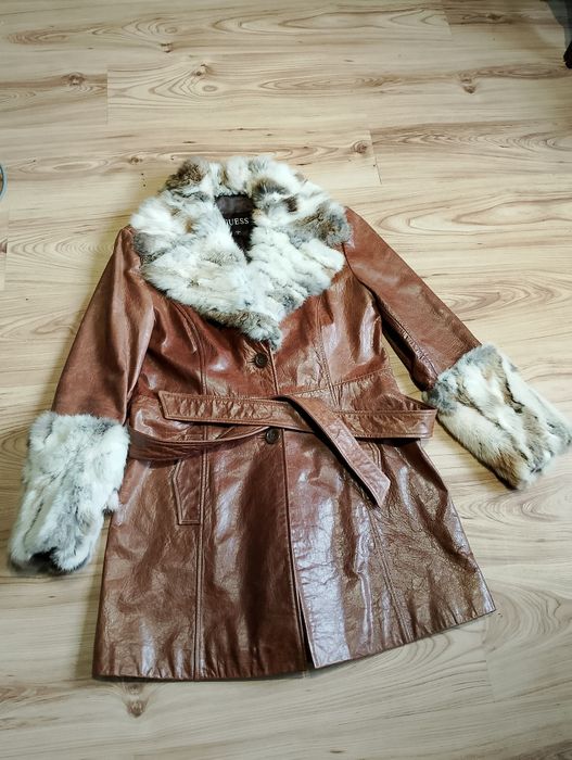 Brązowy Damski Skórzany Płaszcz Guess