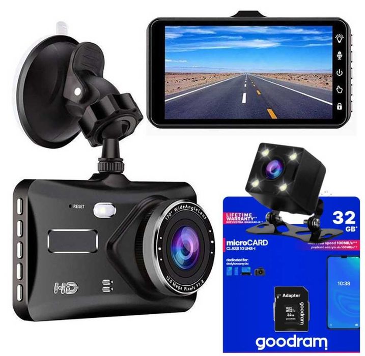 Wideorejestrator samochodowy przód tył dotykowy Menu + karta SD 32 GB